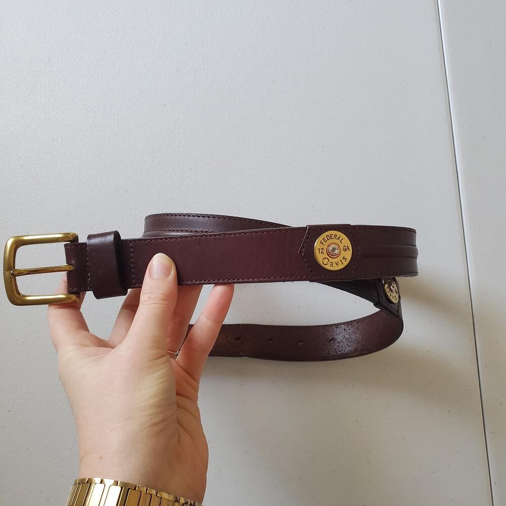 Orvis Belt Mens 36 Brown Leather 12 Gauge Shotgun Shell Brass Buckle Western